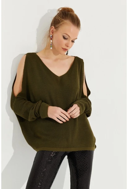 Kadın Haki Kolu Yırtmaçlı Triko Bluz SMT221