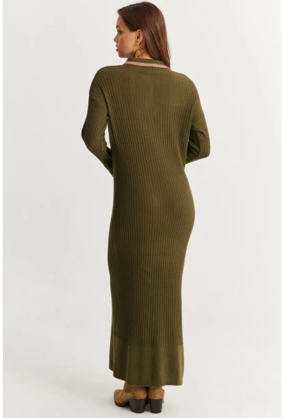 Kadın Haki Polo Yaka Triko Maxi Elbise MNUV17