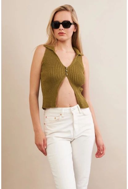 Kadın Haki Polo Yaka Yumoş Yelek ZH050