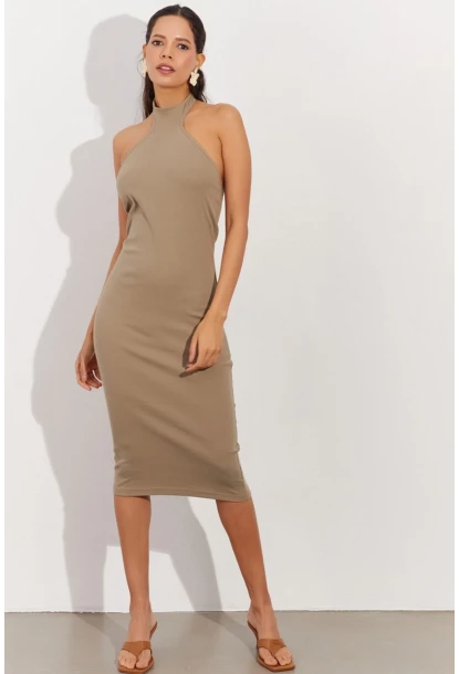 Kadın Haki Sırtı Açık Halter Midi Elbise OW138