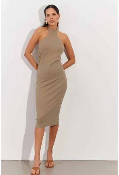 Kadın Haki Sırtı Açık Halter Midi Elbise OW138