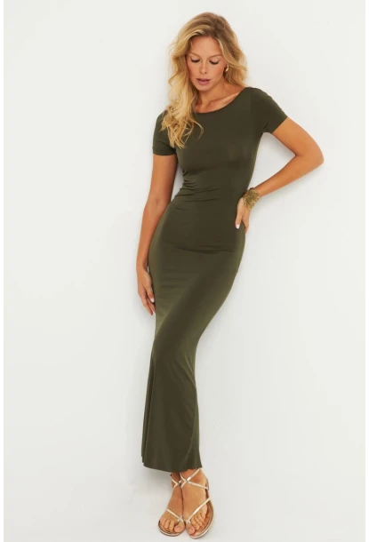 Kadın Haki Sırtı Açık Maxi Elbise DMR306