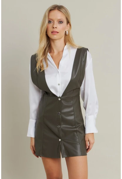 Kadın Haki Suni Deri Mini Elbise NH796