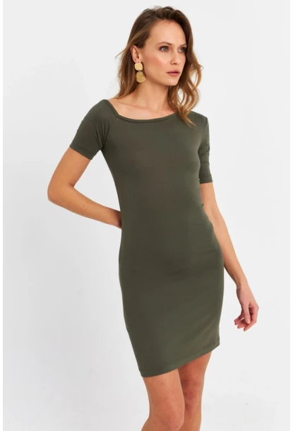 Kadın Haki Tek Omuz Açık Mini Elbise EY3079