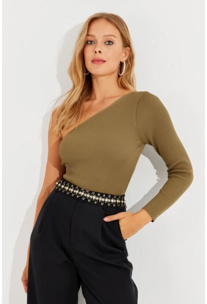 Kadın Haki Tek Omuz Triko Bluz YV204