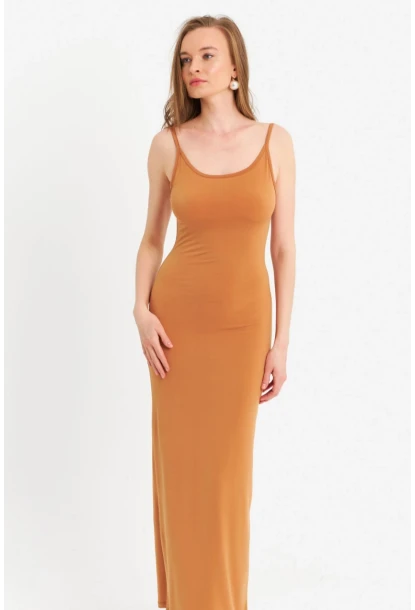 Kadın Hardal Ayarlanabilir Askılı Maxi Elbise MEN2004