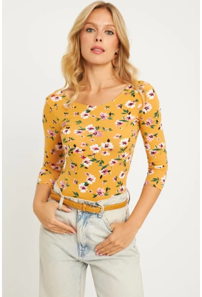 Kadın Hardal Çiçek Desenli Çıtçıtlı Body RK40