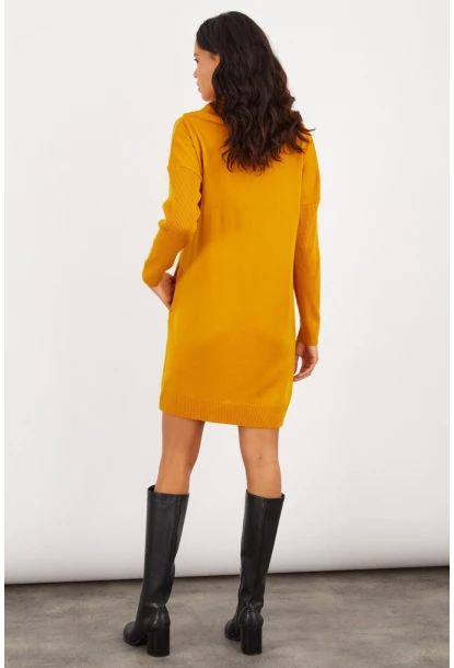 Kadın Hardal Degaje Yaka Triko Mini Elbise YV73