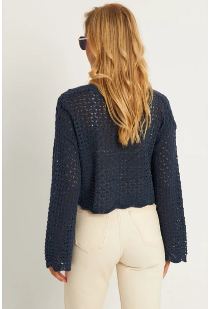 Kadın İndigo Ajurlu Triko Hırka YV248