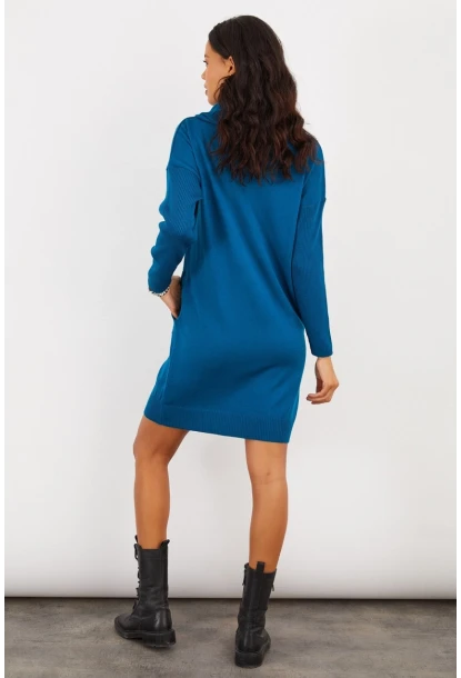 Kadın İndigo Degaje Yaka Triko Mini Elbise YV73