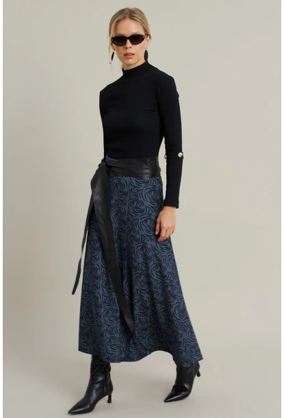 Kadın İndigo Desenli Çan Etek LON3007