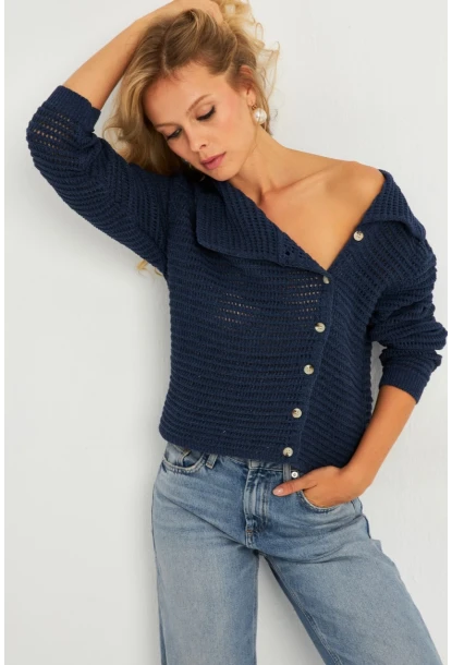 Kadın İndigo Geniş Yakalı Triko Hırka MİW4571