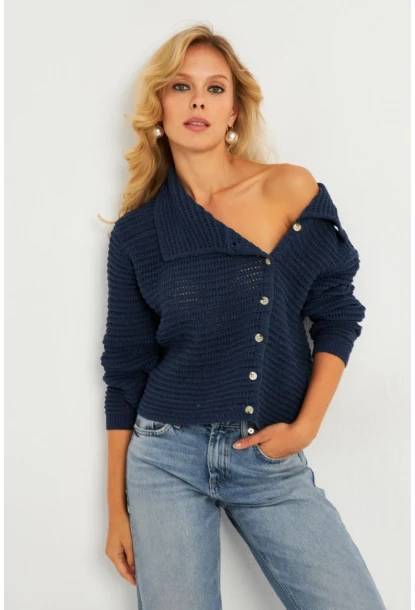 Kadın İndigo Geniş Yakalı Triko Hırka MİW4571