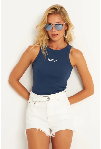 Kadın İndigo Halter Yaka Bluz AYD346