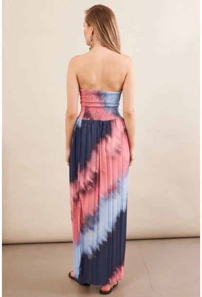 Kadın İndigo-Pudra Straplez Pilise Uzun Elbise MSİ100