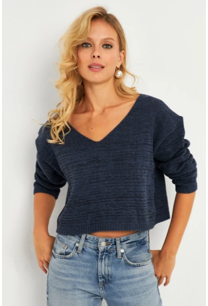 Kadın İndigo Salaş Kısa Triko Bluz YV281