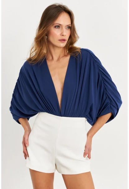 Kadın İndigo Sırt Dekolteli Volanlı V Yaka Body BAR802
