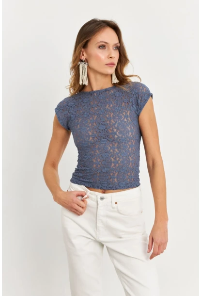 Kadın İndigo Sırtı Açık Dantel Bluz ZH04