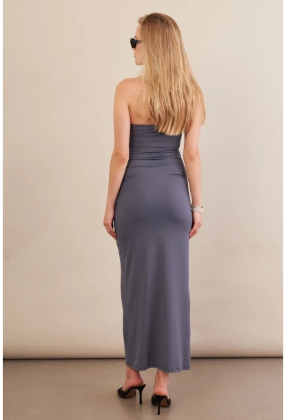 Kadın İndigo Straplez Büzgülü Midi Elbise MX2005