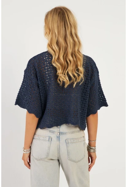 Kadın İndigo Triko Ajurlu Hırka YV255