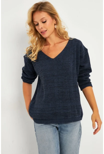 Kadın İndigo V Yaka Triko Bluz YV282