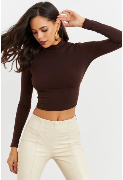 Kadın Kahve Beli Açık Crop Bluz GÇ115