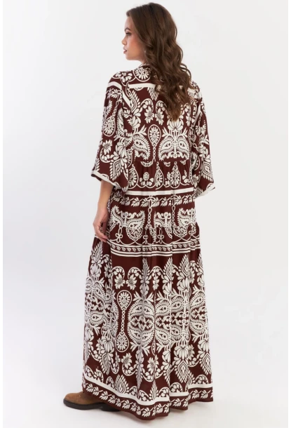 Kadın Kahve-Beyaz Etnik Desenli Maxi Dokuma Elbise ALO325