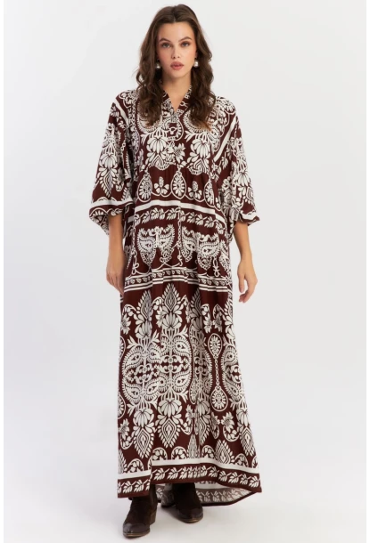Kadın Kahve-Beyaz Etnik Desenli Maxi Dokuma Elbise ALO325