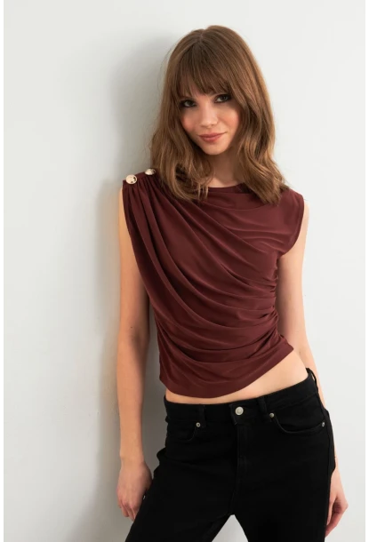 Kadın Kahve Düğme Detaylı Büzgülü Bluz LPP1205-1