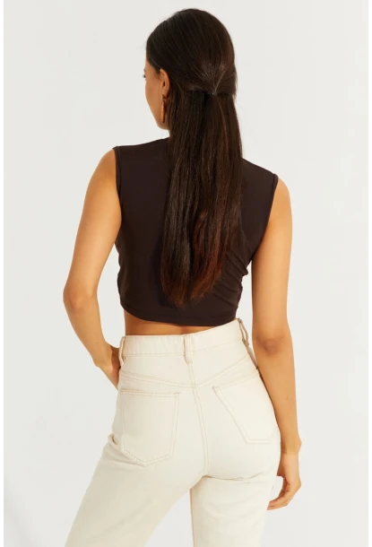 Kadın Kahve Önü Düğümlü Crop Bluz SDY2018