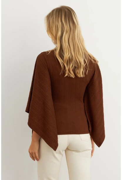 Kadın Kahve Yarasa Kol Balıkçı Bluz MTF32