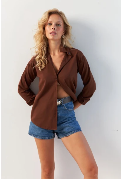 Kadın Kahverengi Basic Gömlek HNT02