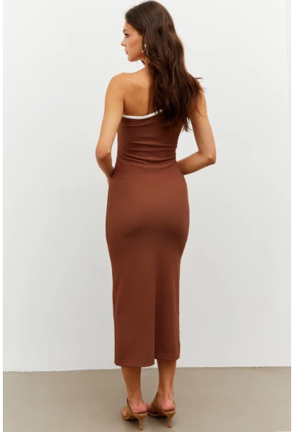 Kadın Kahverengi Biyeli Tek Omuz Yırtmaçlı Midi Elbise RMZ21041