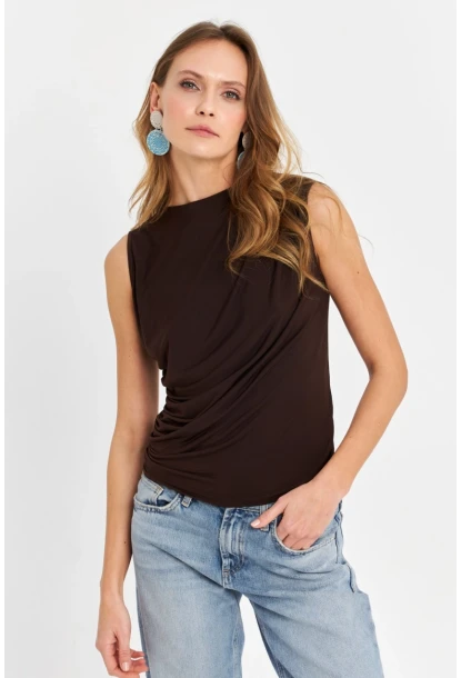 Kadın Kahverengi Büzgülü Bluz YZ625