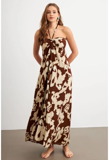 Kadın Kahverengi Büzgülü Desenli Midi Elbise KAB304