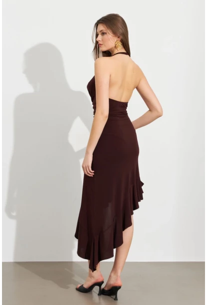 Kadın Kahverengi Degaje Asimetrik Midi Elbise İRE1436