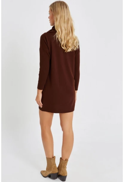 Kadın Kahverengi Degaje Yaka Triko Mini Elbise YV73