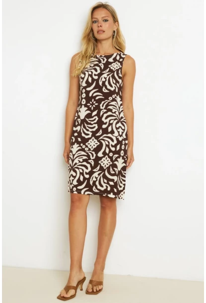 Kadın Kahverengi Desenli Cepli Midi Elbise YZ1059