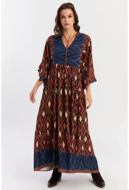Kadın Kahverengi Desenli Dokuma Maxi Elbise ALO235