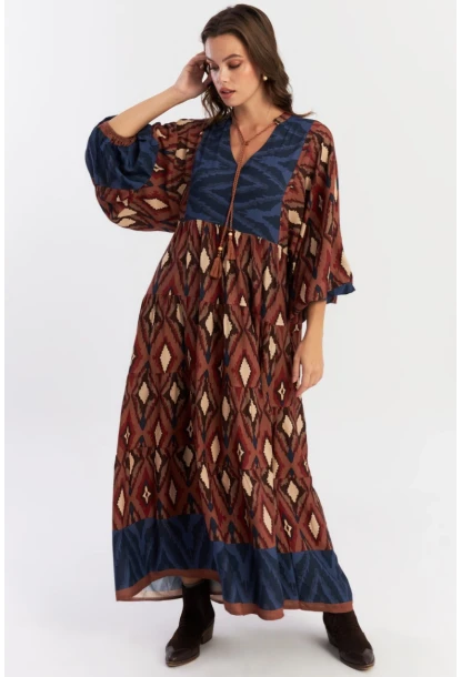 Kadın Kahverengi Desenli Dokuma Maxi Elbise ALO235