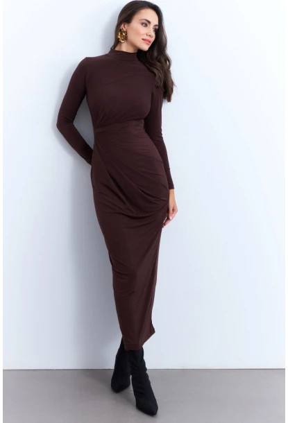 Kadın Kahverengi Drapeli Maxi Elbise LİK12