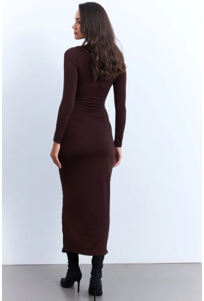 Kadın Kahverengi Drapeli Maxi Elbise LİK12