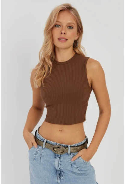 Kadın Kahverengi Fitilli Crop Bluz LPP1262
