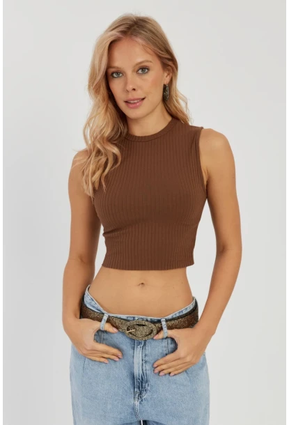 Kadın Kahverengi Fitilli Crop Bluz LPP1262