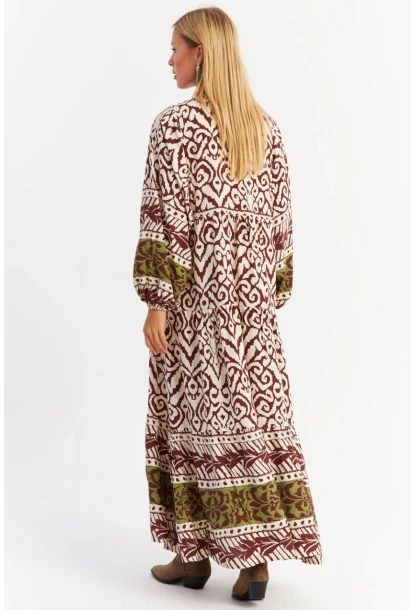 Kadın Kahverengi-Haki Volanlı Maxi Elbise MALO11