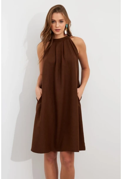 Kadın Kahverengi Halter Yaka Midi Elbise NH5029