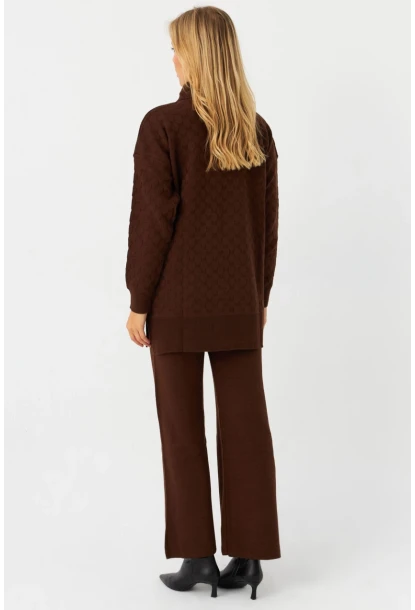 Kadın Kahverengi İnci Düğmeli Triko Alt Üst Takım MNUV33