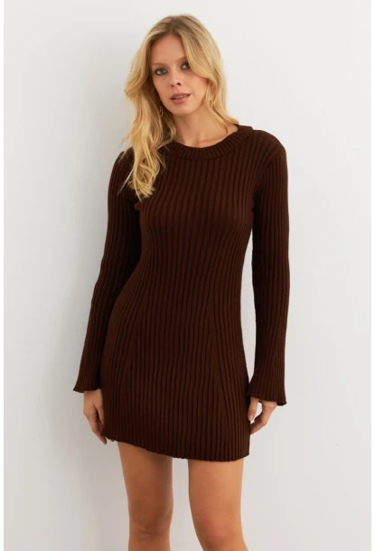 Kadın Kahverengi İspanyol Kol Triko Mini Elbise YV273