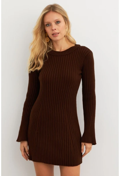 Kadın Kahverengi İspanyol Kol Triko Mini Elbise YV273