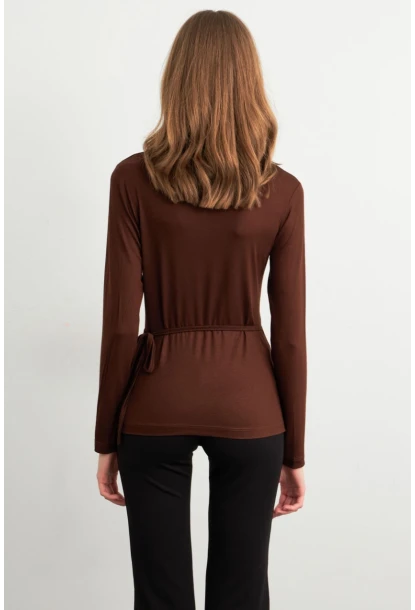 Kadın Kahverengi Kruvaze Bağlamalı Bluz EY3036